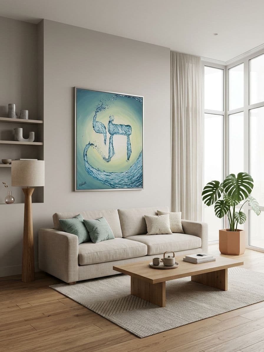 Tableau Hai aux tons turquoise au-dessus d'un canapé