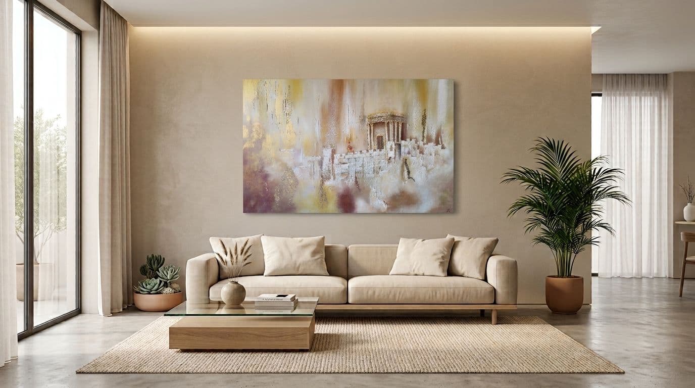 Grand tableau doré accroché au-dessus d'un canapé beige