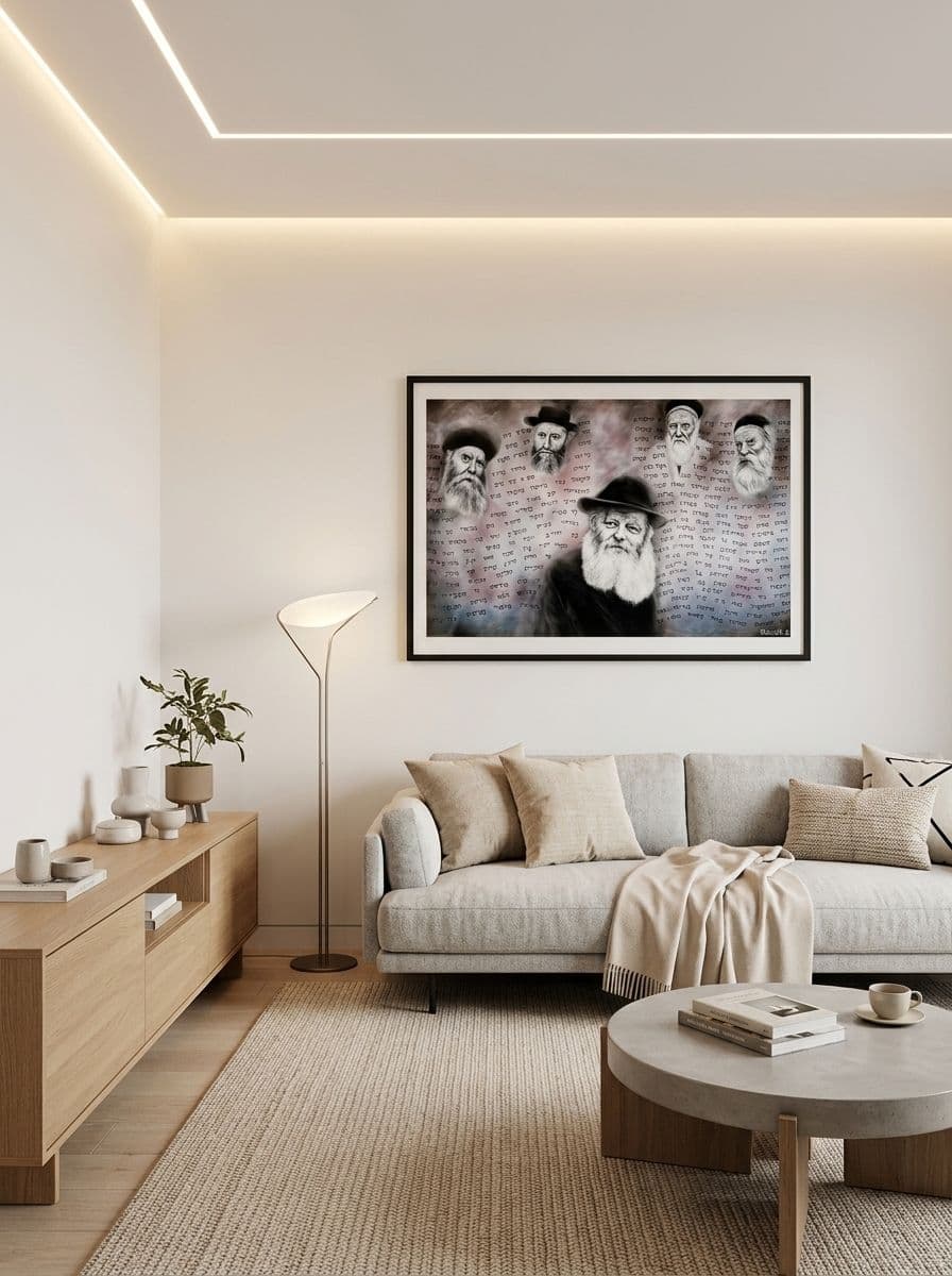 Le tableau des Rabbeim encadré de noir au-dessus d'un canapé gris dans un salon clair