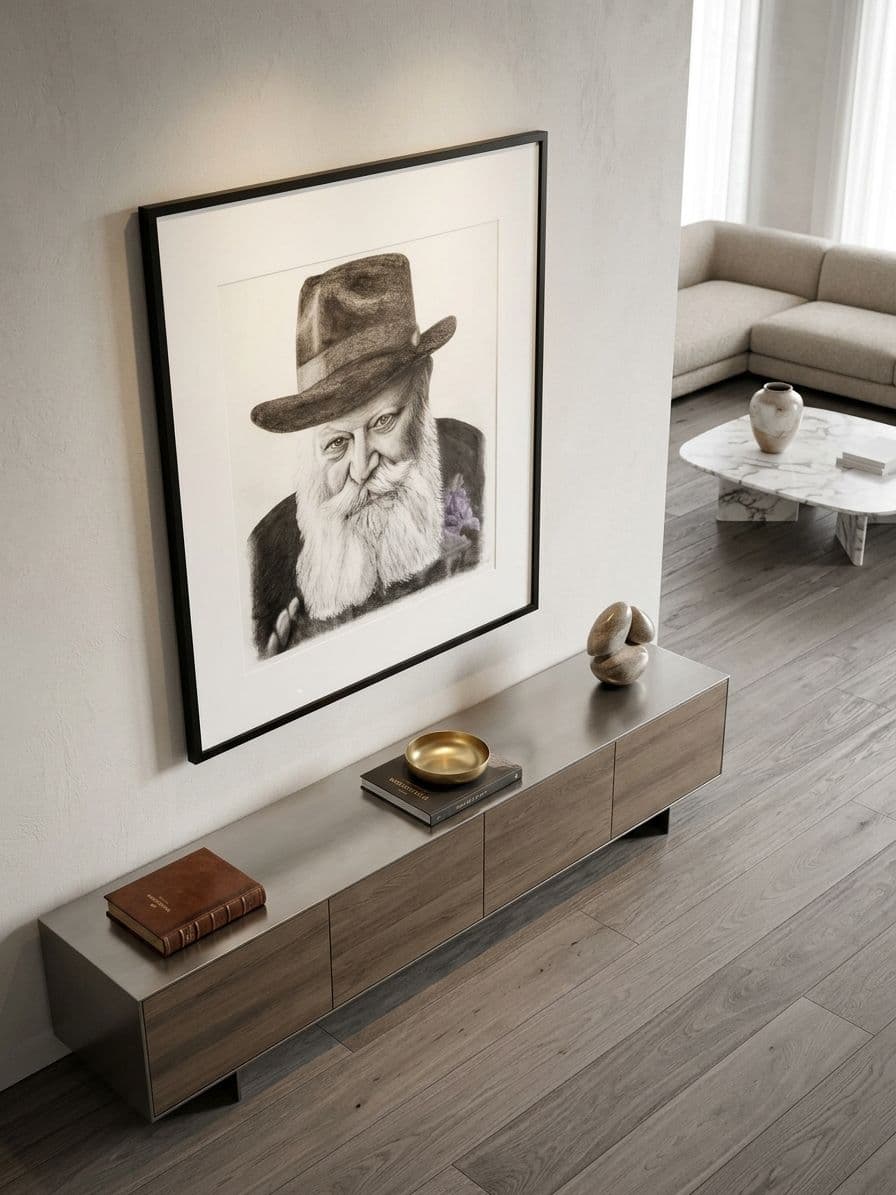 Le portrait du Rabbi au crayon, encadré de noir, au-dessus d'un meuble bas dans un salon