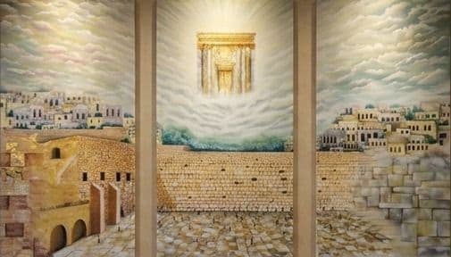 Triptyque : le Kotel et la vieille ville de Jérusalem, avec au centre le Beth Hamikdash doré dans les nuages